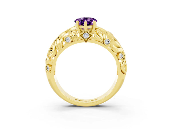 Yellow gold Pear Cut Solitaire Amethyst Leaf-Inspired Vine Band Ring with Prong Setting