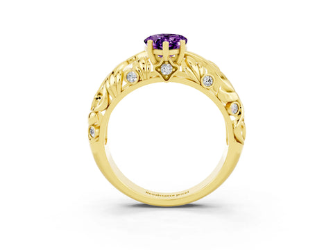 Yellow gold Pear Cut Solitaire Amethyst Leaf-Inspired Vine Band Ring with Prong Setting_3