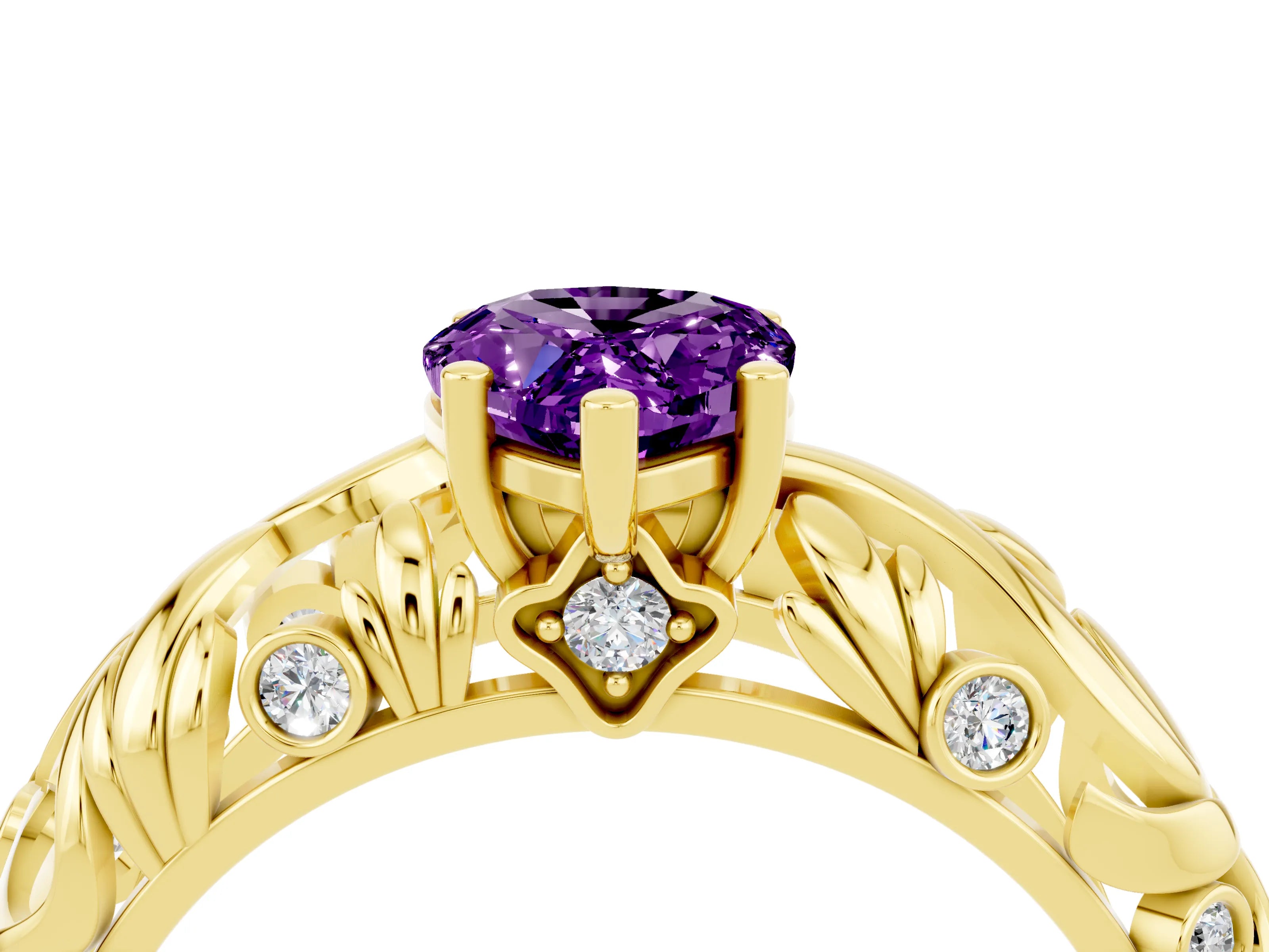 Yellow gold Pear Cut Solitaire Amethyst Leaf-Inspired Vine Band Ring with Prong Setting_4