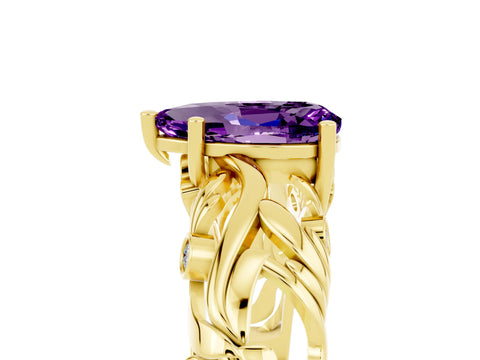 Yellow gold Pear Cut Solitaire Amethyst Leaf-Inspired Vine Band Ring with Prong Setting_5