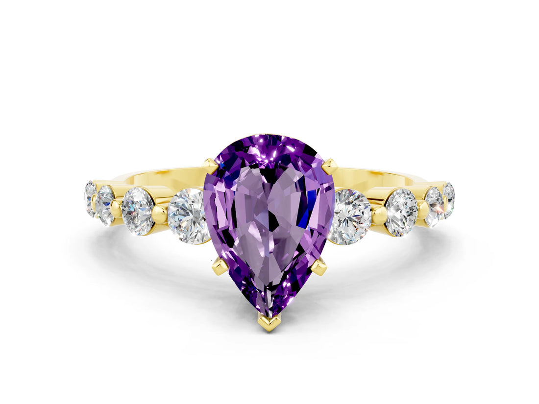 Yellow gold Pear Cut Solitaire Amethyst Ring with Pave Band and Four-Prong Setting