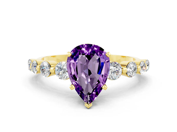 Yellow gold Pear Cut Solitaire Amethyst Ring with Pave Band and Four-Prong Setting