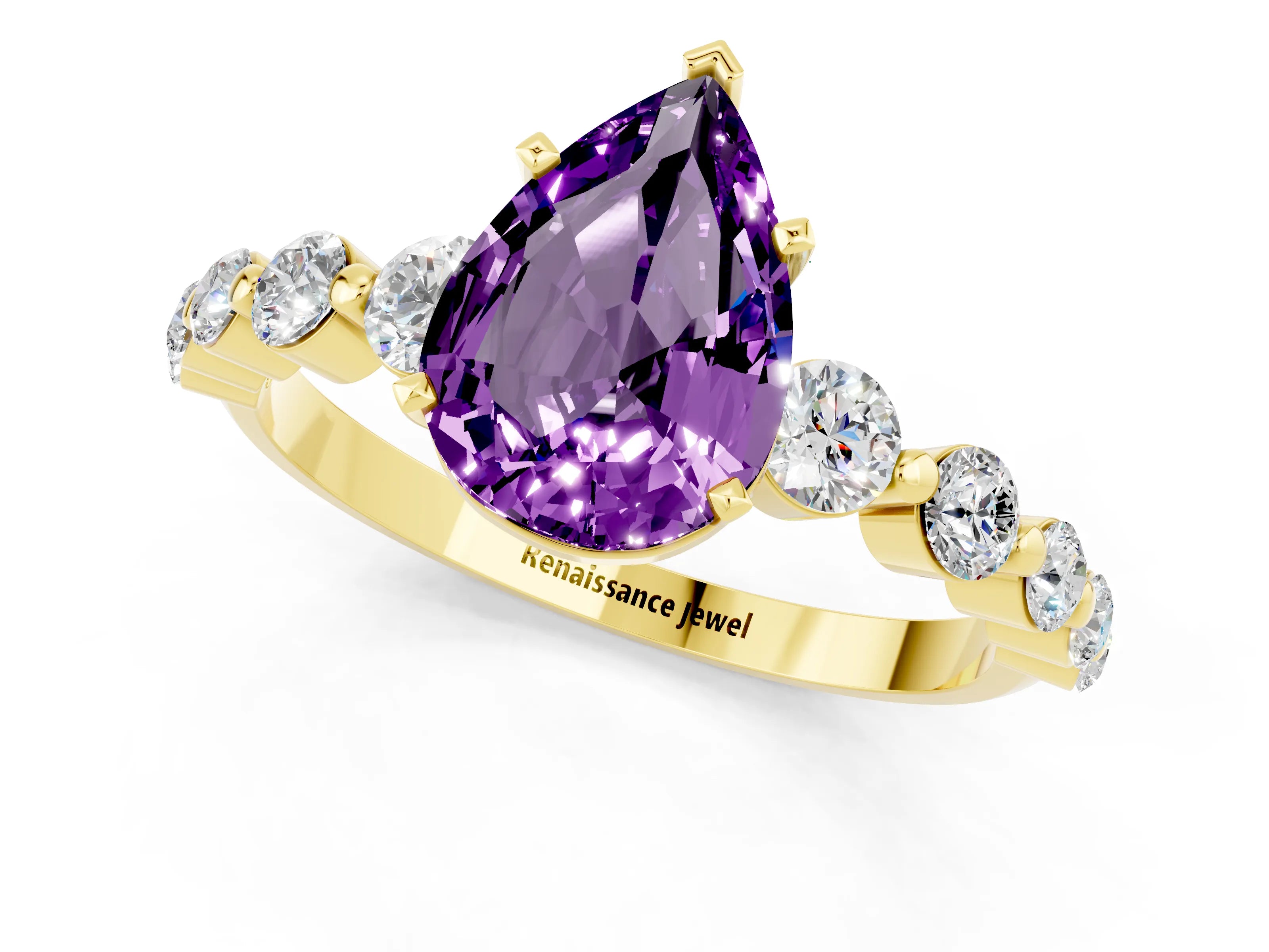 Yellow gold Pear Cut Solitaire Amethyst Ring with Pave Band and Four-Prong Setting_1