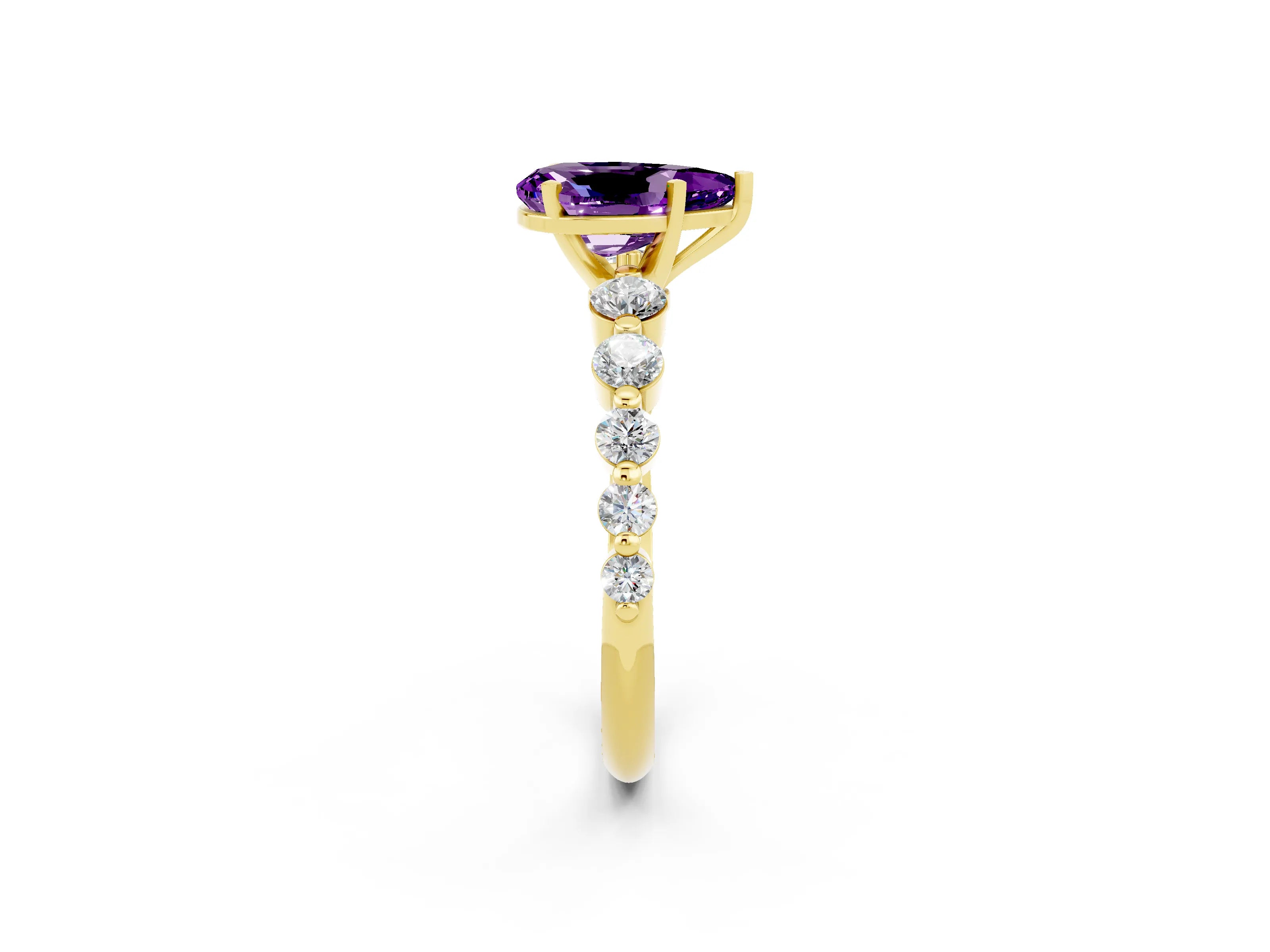 Yellow gold Pear Cut Solitaire Amethyst Ring with Pave Band and Four-Prong Setting_2