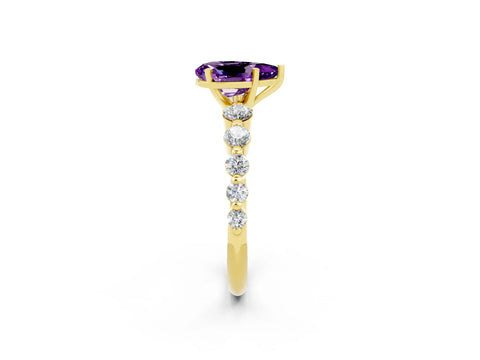 Yellow gold Pear Cut Solitaire Amethyst Ring with Pave Band and Four-Prong Setting_2