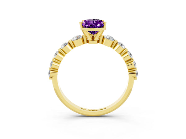 Yellow gold Pear Cut Solitaire Amethyst Ring with Pave Band and Four-Prong Setting