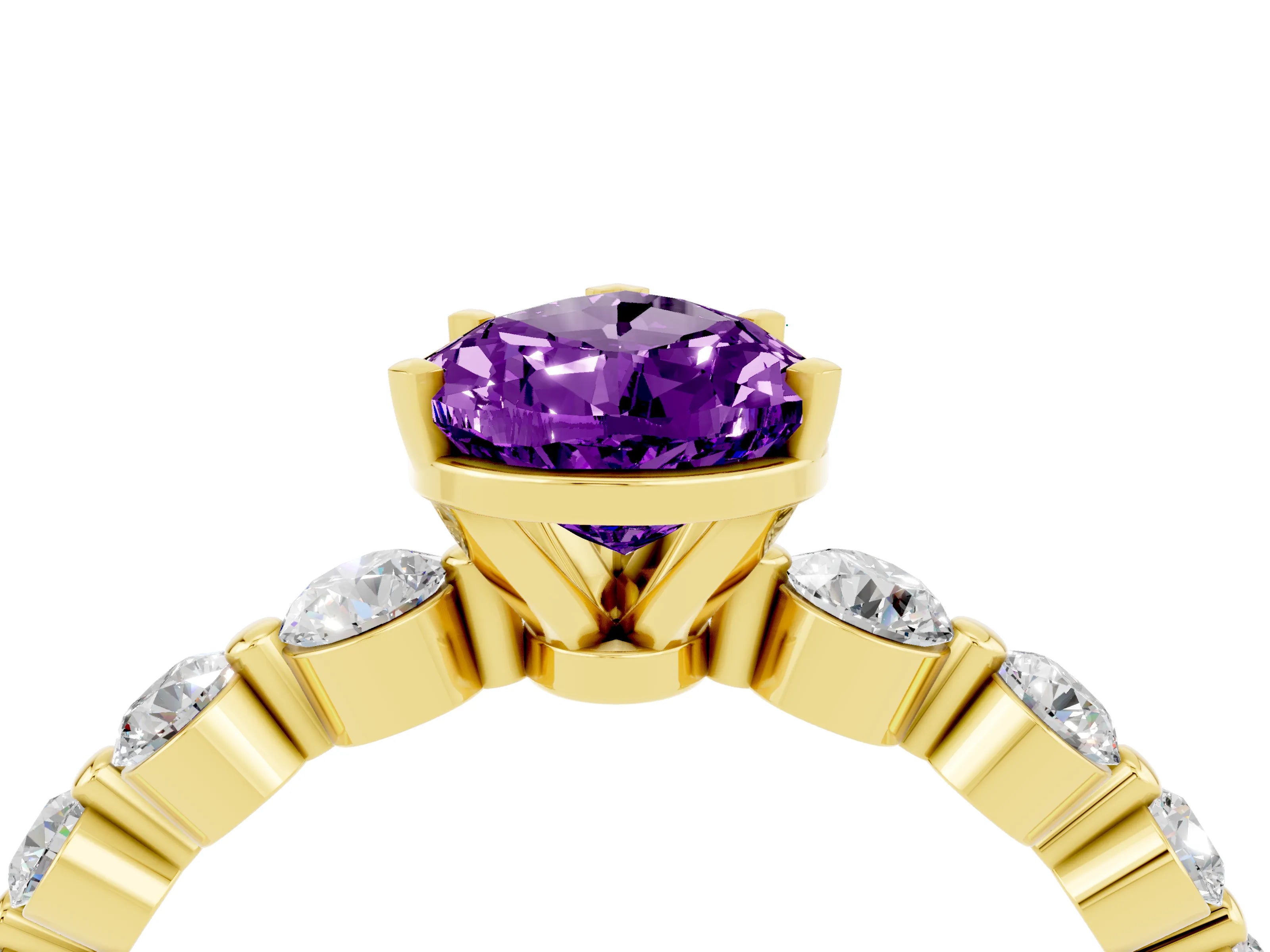 Yellow gold Pear Cut Solitaire Amethyst Ring with Pave Band and Four-Prong Setting_4