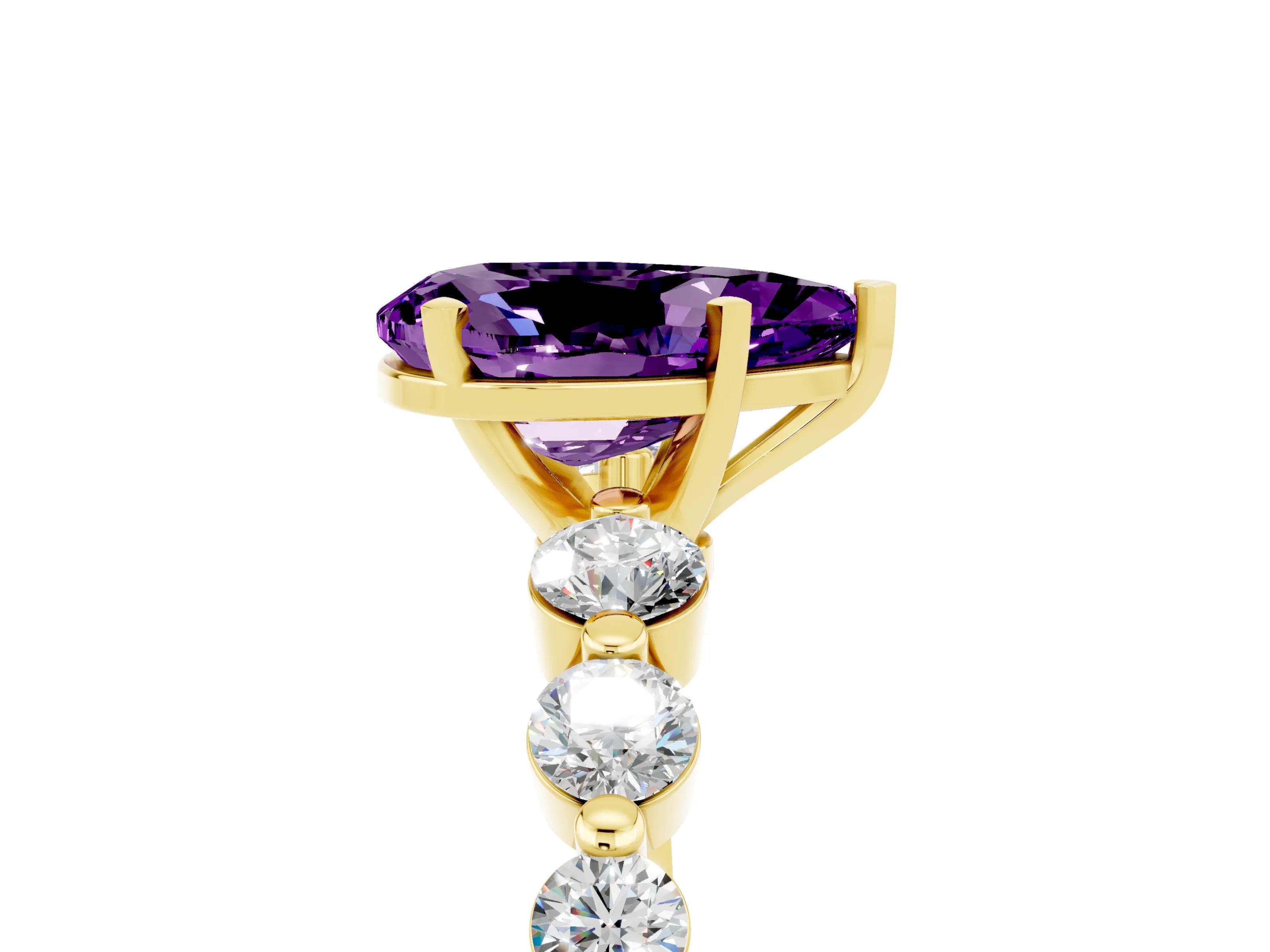 Yellow gold Pear Cut Solitaire Amethyst Ring with Pave Band and Four-Prong Setting_5
