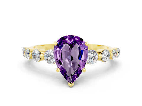 Yellow gold Pear Cut Solitaire Amethyst Ring with Pave Band and Four-Prong Setting