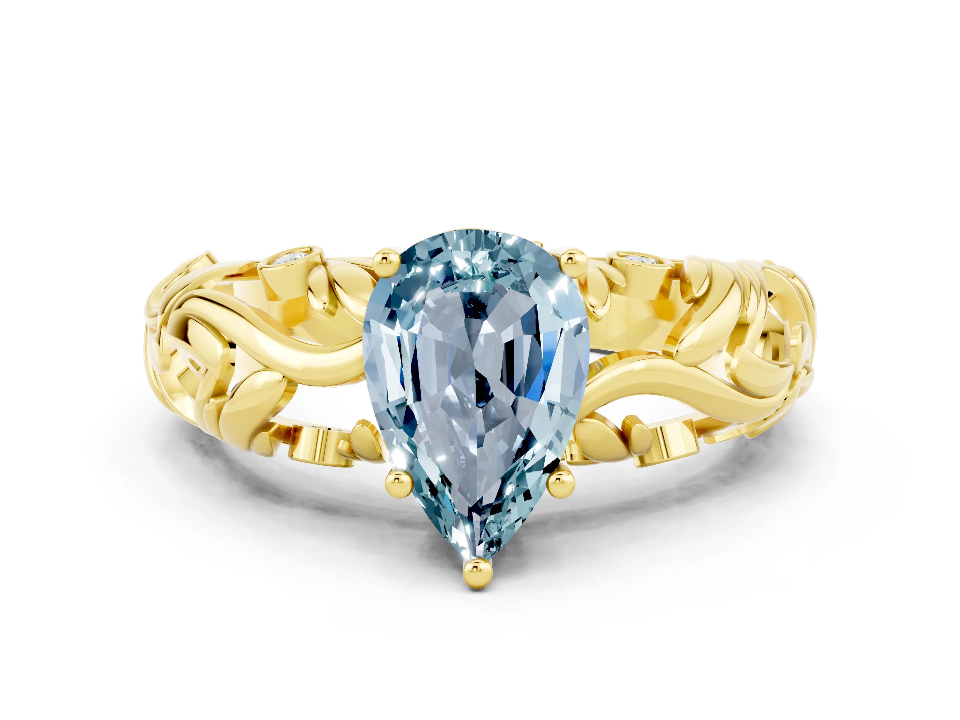 Yellow gold Pear Cut Solitaire Aquamarine Leaf-Inspired Vine Band Ring with Prong Setting