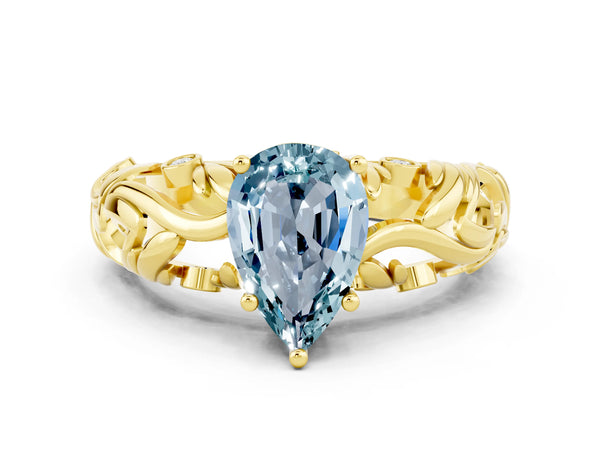 Yellow gold Pear Cut Solitaire Aquamarine Leaf-Inspired Vine Band Ring with Prong Setting