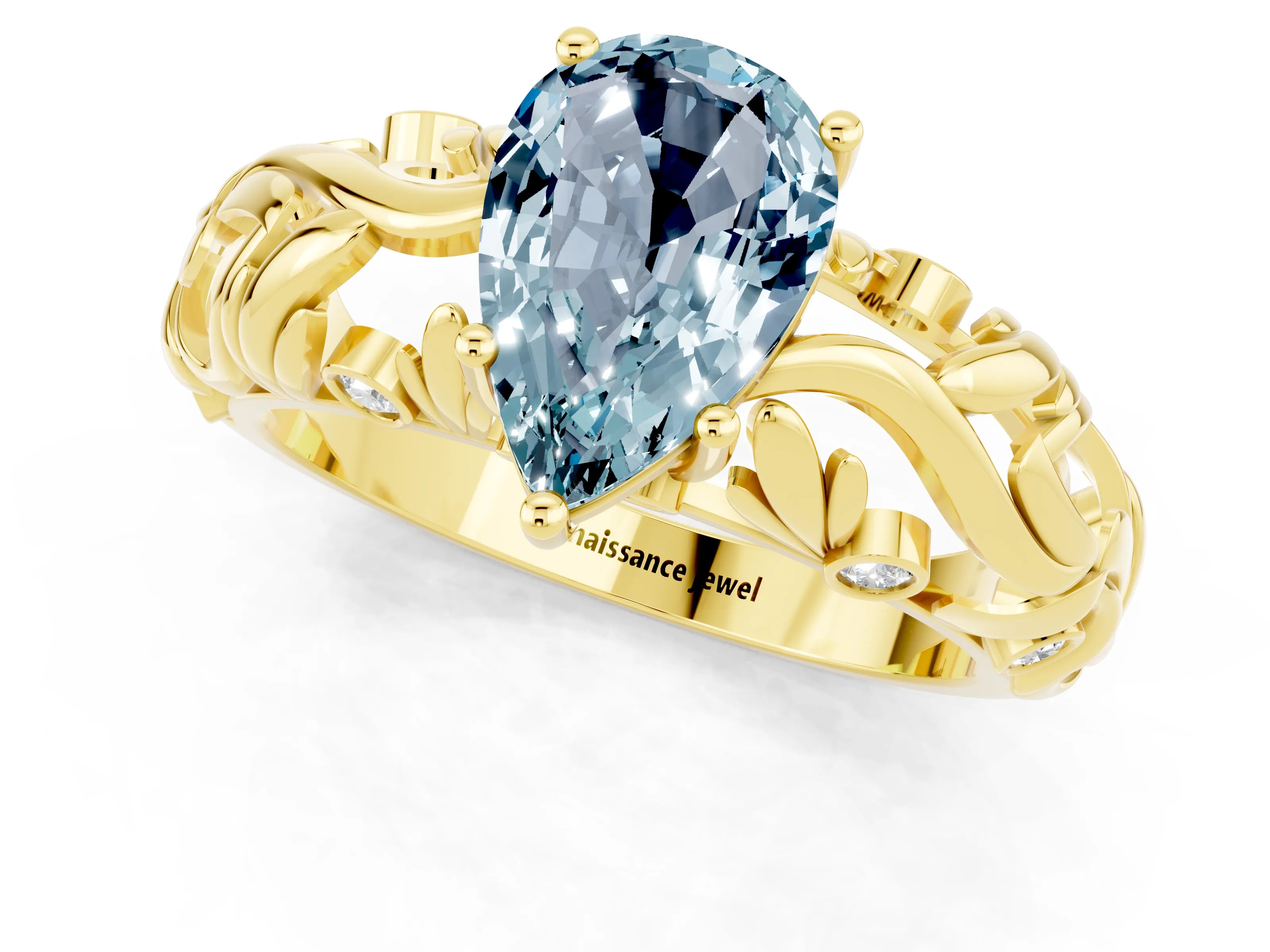 Yellow gold Pear Cut Solitaire Aquamarine Leaf-Inspired Vine Band Ring with Prong Setting_1