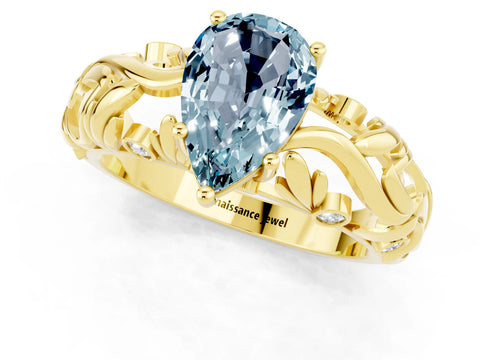 Yellow gold Pear Cut Solitaire Aquamarine Leaf-Inspired Vine Band Ring with Prong Setting_1