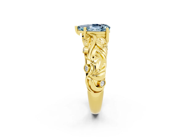 Yellow gold Pear Cut Solitaire Aquamarine Leaf-Inspired Vine Band Ring with Prong Setting