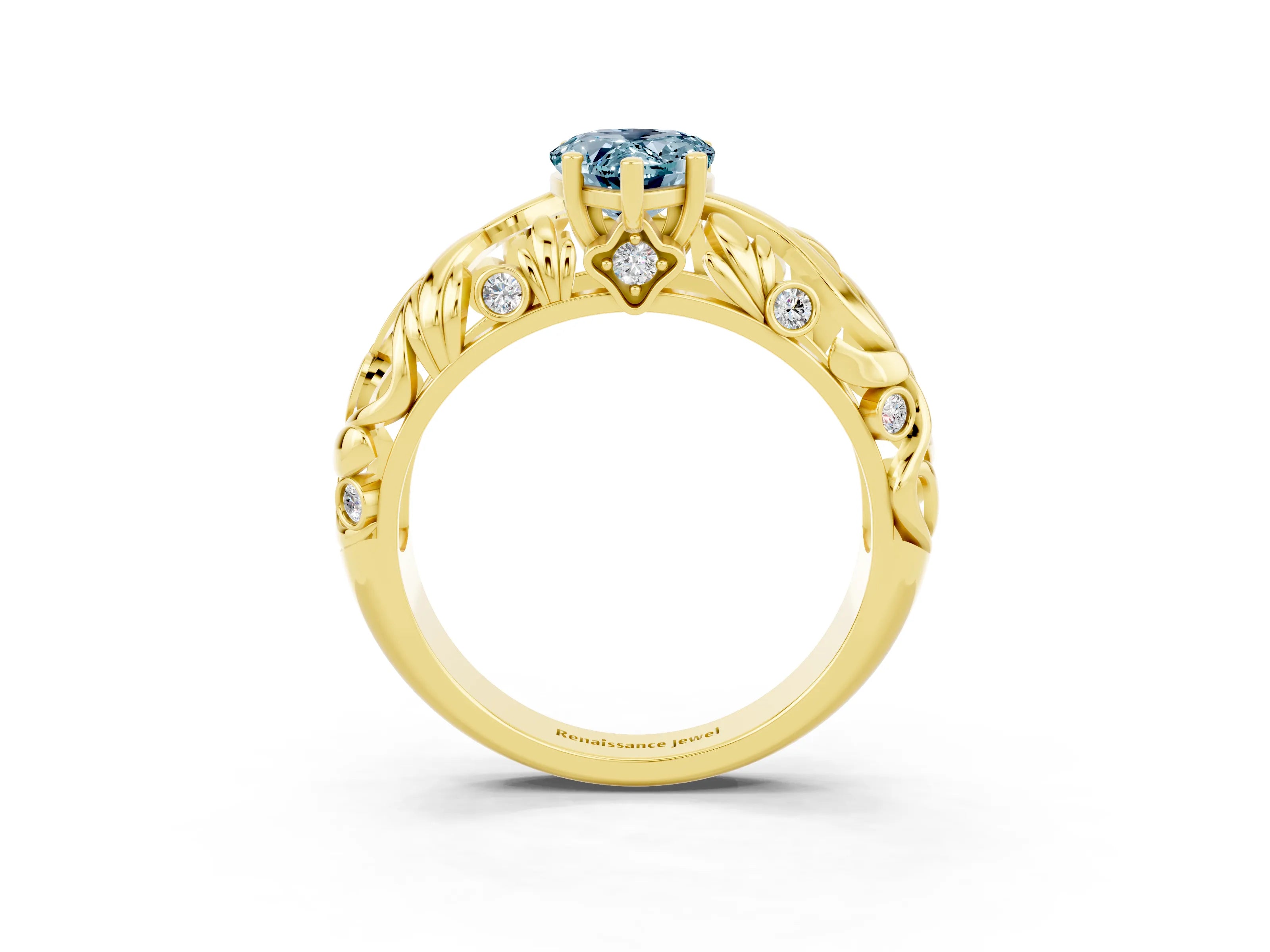 Yellow gold Pear Cut Solitaire Aquamarine Leaf-Inspired Vine Band Ring with Prong Setting_3