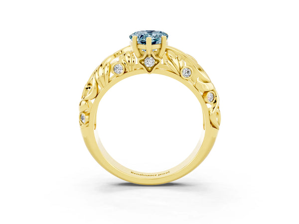 Yellow gold Pear Cut Solitaire Aquamarine Leaf-Inspired Vine Band Ring with Prong Setting