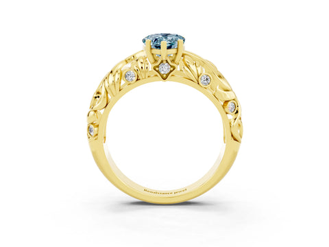Yellow gold Pear Cut Solitaire Aquamarine Leaf-Inspired Vine Band Ring with Prong Setting_3