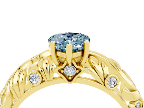 Yellow gold Pear Cut Solitaire Aquamarine Leaf-Inspired Vine Band Ring with Prong Setting_4