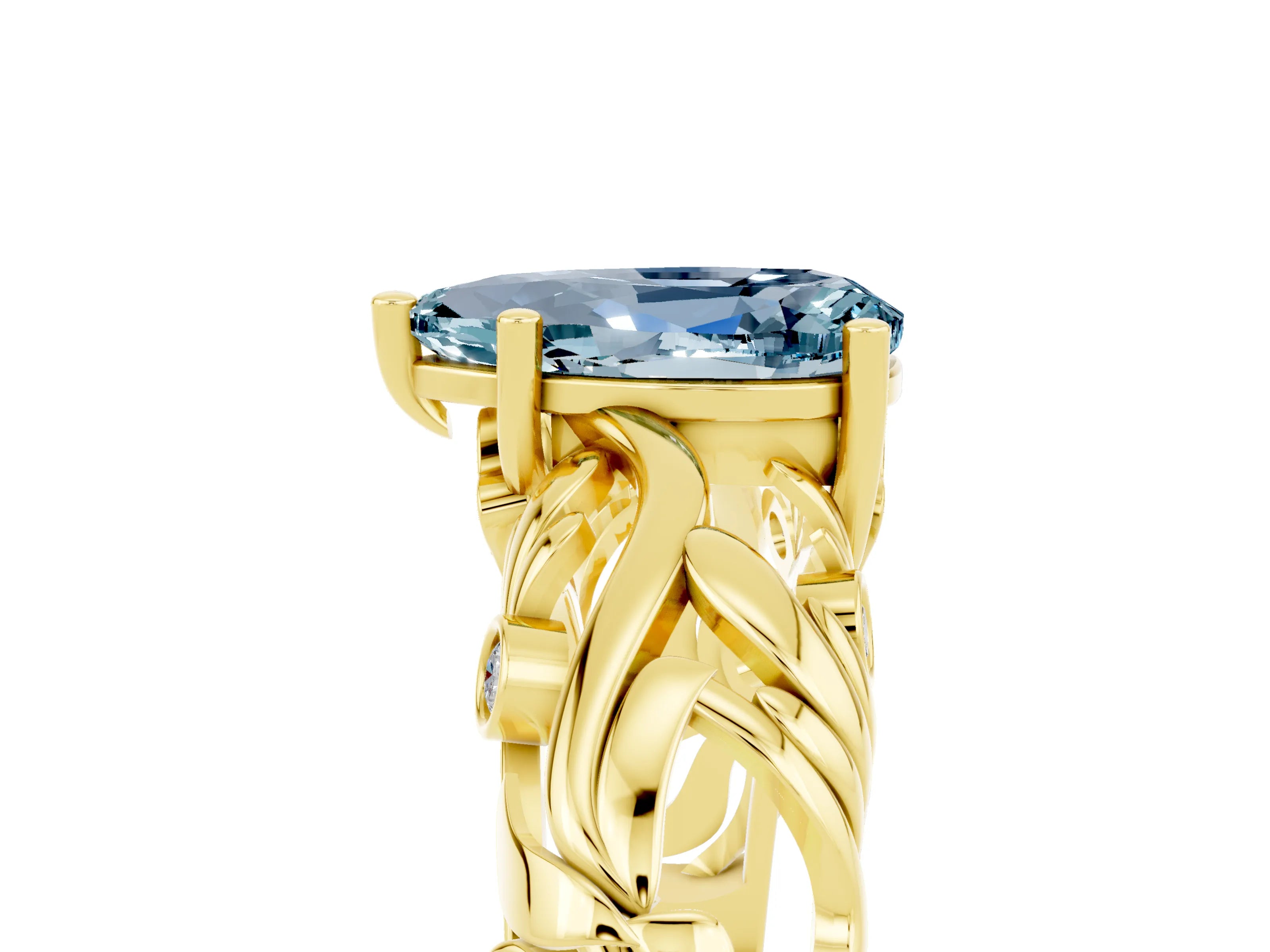 Yellow gold Pear Cut Solitaire Aquamarine Leaf-Inspired Vine Band Ring with Prong Setting_5