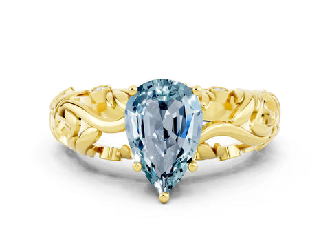 Yellow gold Pear Cut Solitaire Aquamarine Leaf-Inspired Vine Band Ring with Prong Setting