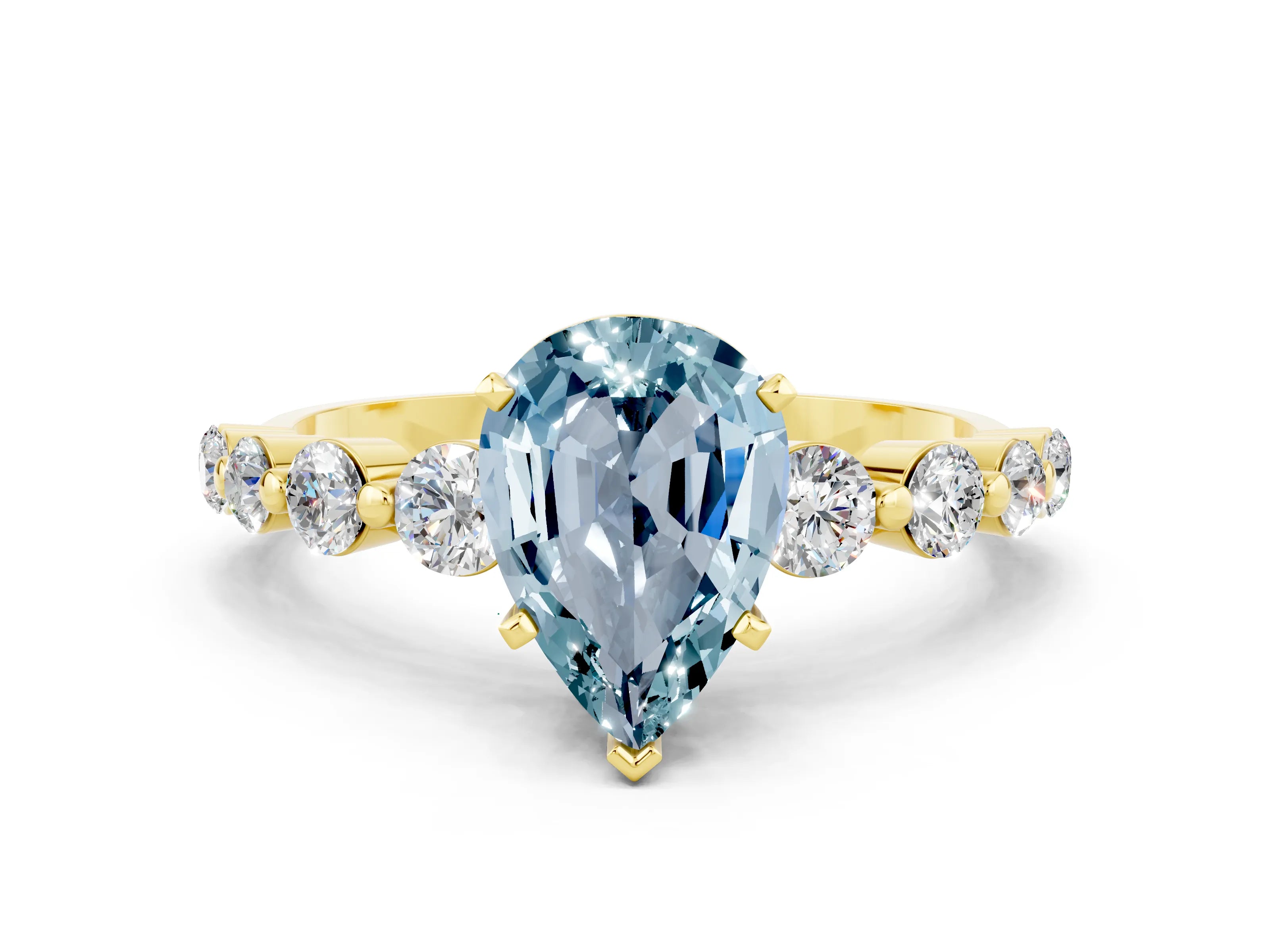 Yellow gold Pear Cut Solitaire Aquamarine Ring with Pave Band and Four-Prong Setting