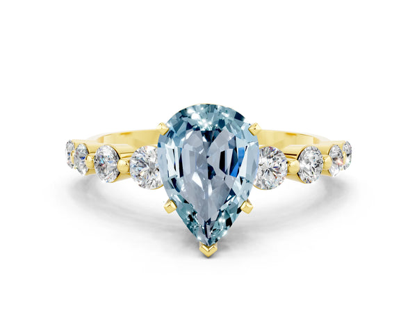 Yellow gold Pear Cut Solitaire Aquamarine Ring with Pave Band and Four-Prong Setting