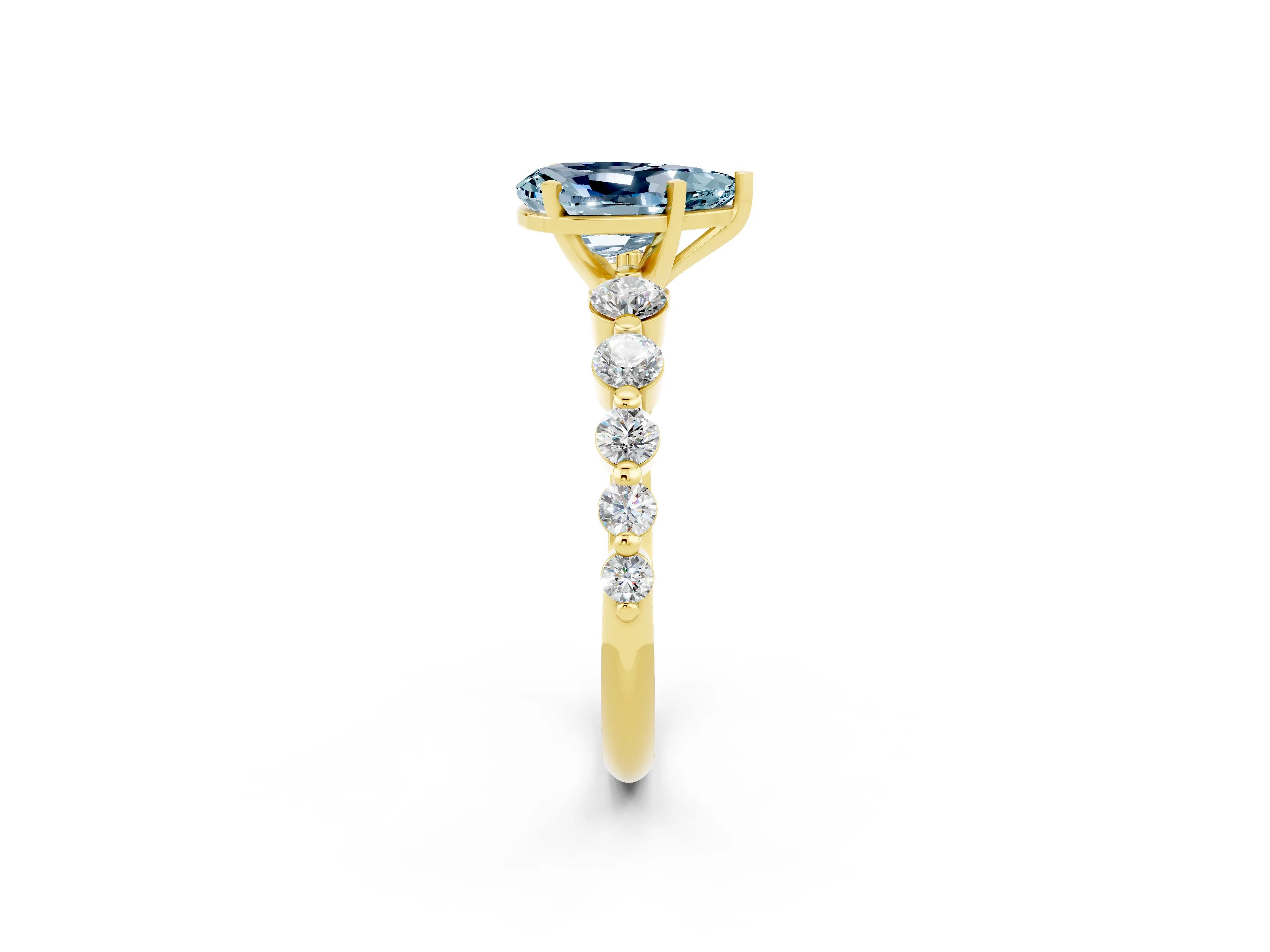 Yellow gold Pear Cut Solitaire Aquamarine Ring with Pave Band and Four-Prong Setting_2