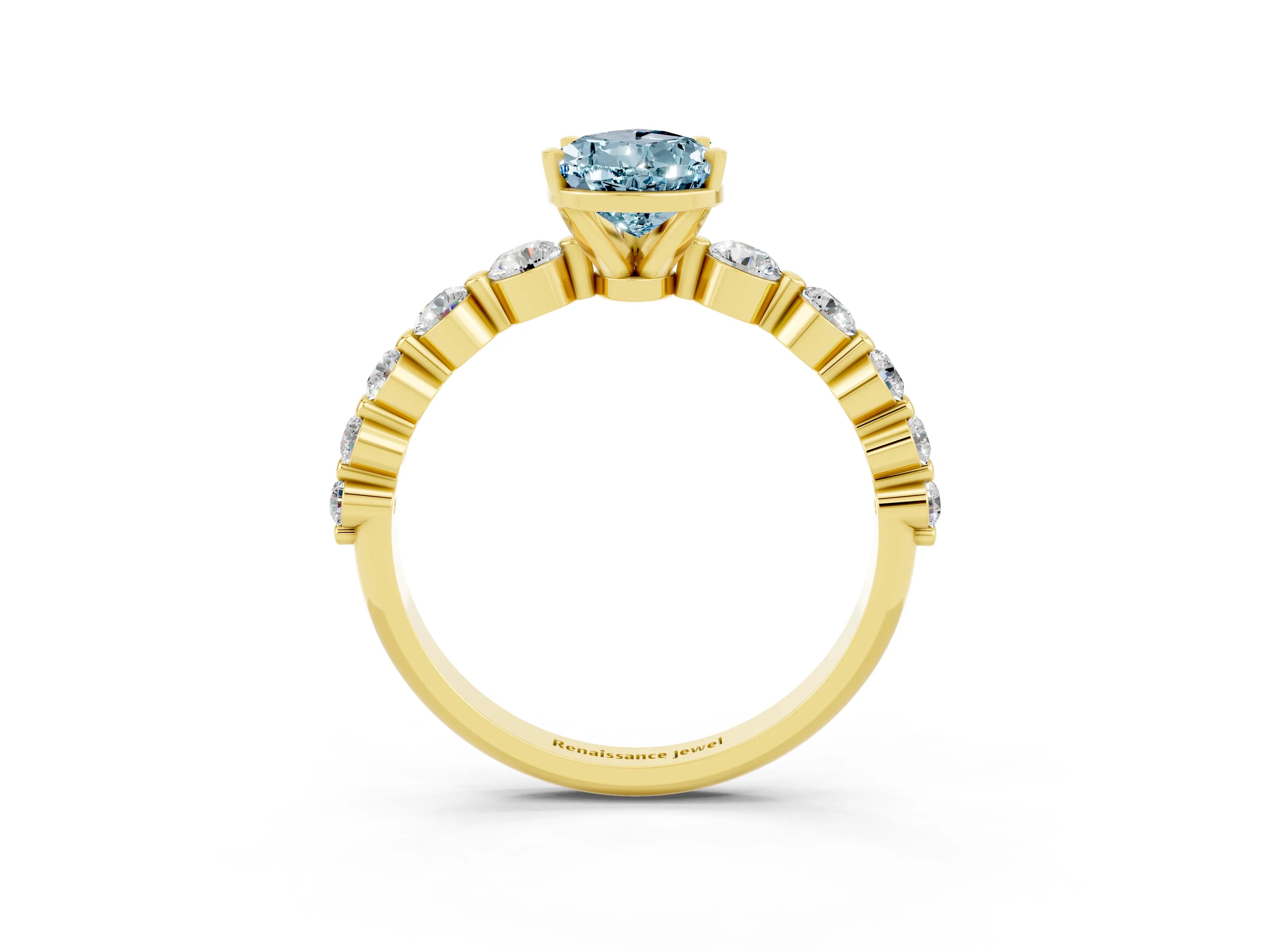 Yellow gold Pear Cut Solitaire Aquamarine Ring with Pave Band and Four-Prong Setting_3