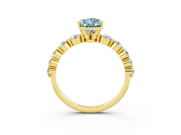 Yellow gold Pear Cut Solitaire Aquamarine Ring with Pave Band and Four-Prong Setting