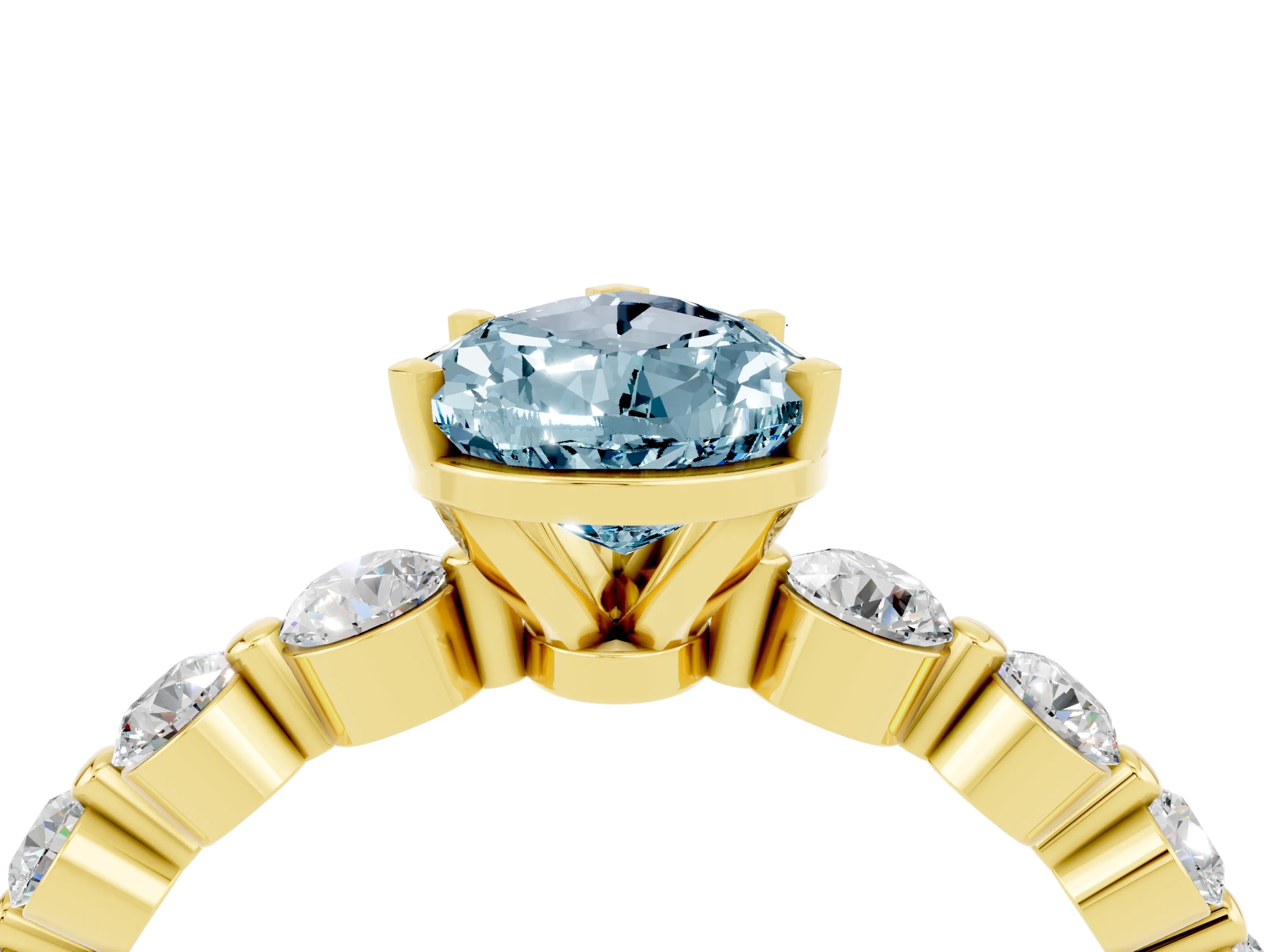 Yellow gold Pear Cut Solitaire Aquamarine Ring with Pave Band and Four-Prong Setting_4