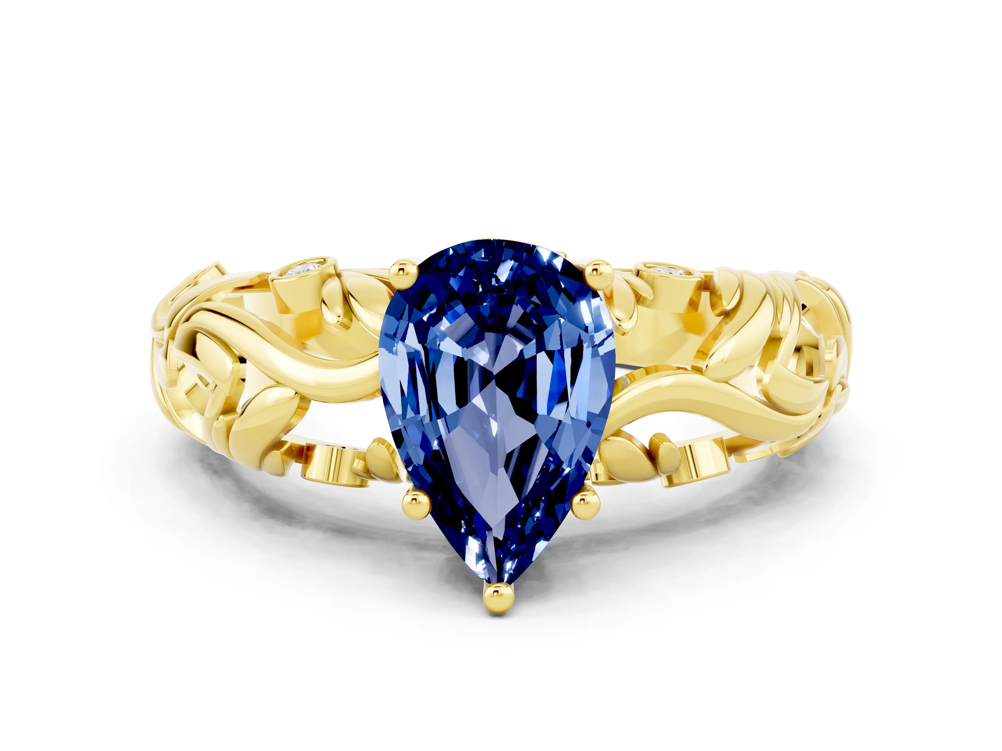Yellow gold Pear Cut Solitaire Blue Sapphire Leaf-Inspired Vine Band Ring with Prong Setting