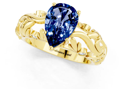 Yellow gold Pear Cut Solitaire Blue Sapphire Leaf-Inspired Vine Band Ring with Prong Setting_1