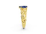 Yellow gold Pear Cut Solitaire Blue Sapphire Leaf-Inspired Vine Band Ring with Prong Setting_2