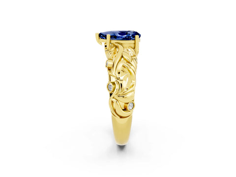 Yellow gold Pear Cut Solitaire Blue Sapphire Leaf-Inspired Vine Band Ring with Prong Setting_2