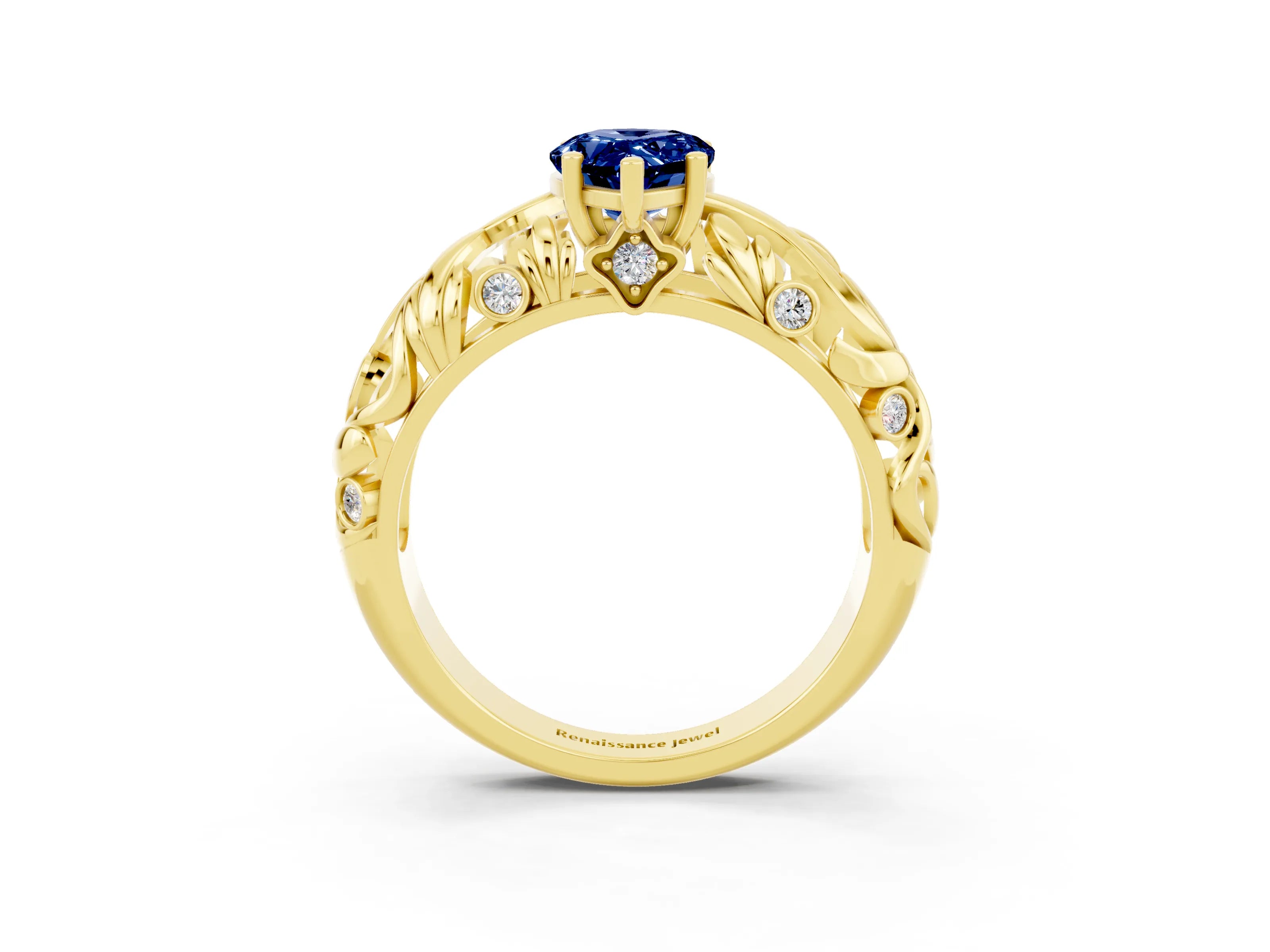Yellow gold Pear Cut Solitaire Blue Sapphire Leaf-Inspired Vine Band Ring with Prong Setting_3