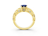 Yellow gold Pear Cut Solitaire Blue Sapphire Leaf-Inspired Vine Band Ring with Prong Setting_3