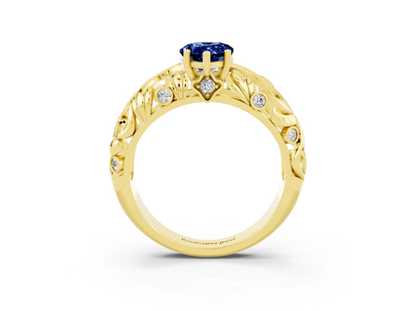Yellow gold Pear Cut Solitaire Blue Sapphire Leaf-Inspired Vine Band Ring with Prong Setting