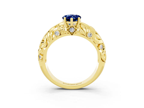 Yellow gold Pear Cut Solitaire Blue Sapphire Leaf-Inspired Vine Band Ring with Prong Setting_3