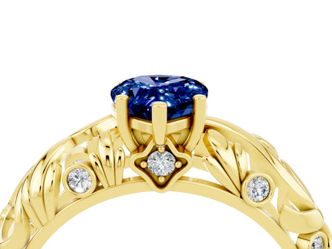 Yellow gold Pear Cut Solitaire Blue Sapphire Leaf-Inspired Vine Band Ring with Prong Setting_4