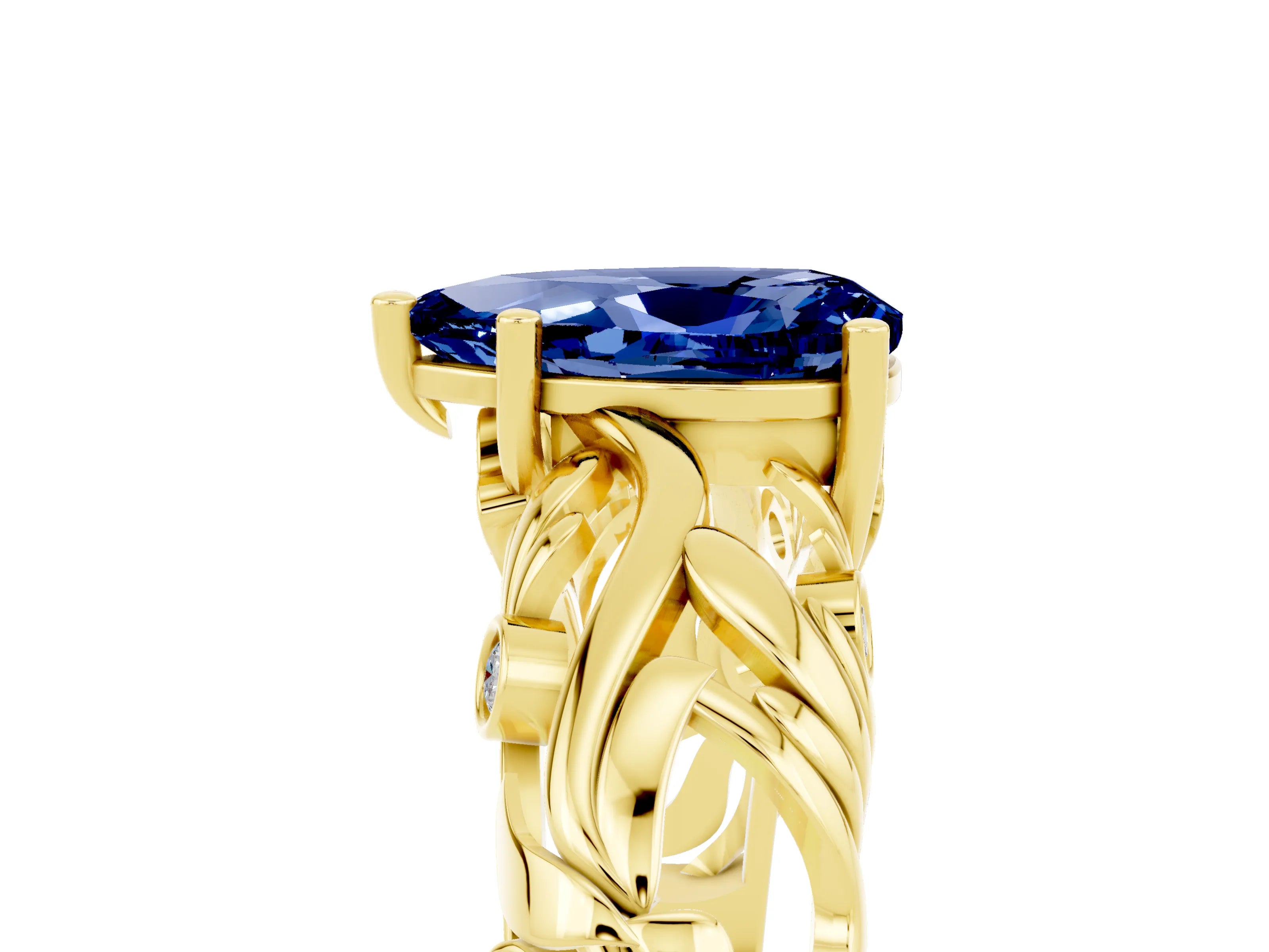Yellow gold Pear Cut Solitaire Blue Sapphire Leaf-Inspired Vine Band Ring with Prong Setting_5