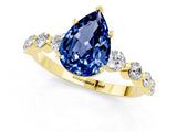 Yellow gold Pear Cut Solitaire Blue Sapphire Ring with Pave Band and Four-Prong Setting_1