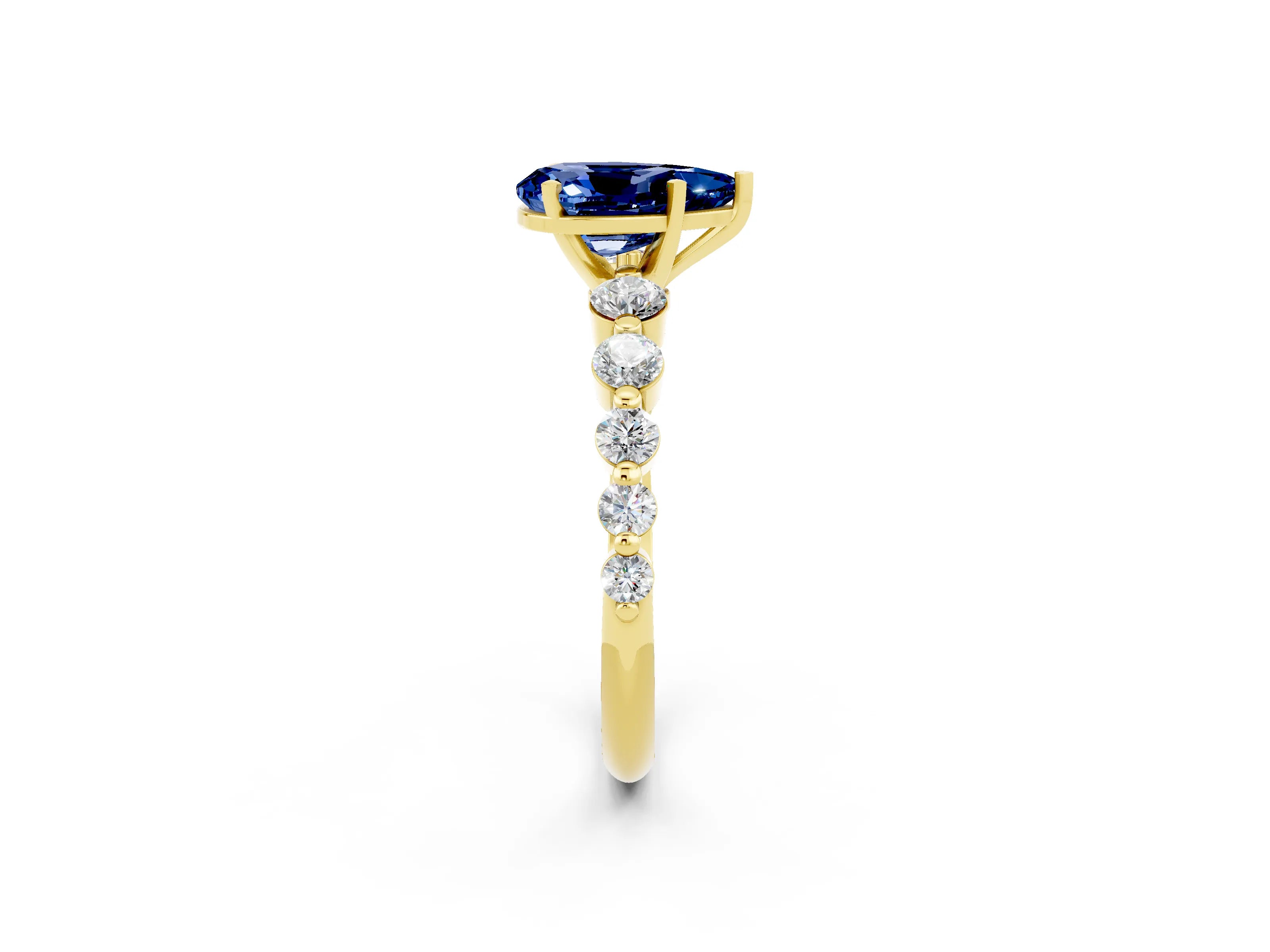 Yellow gold Pear Cut Solitaire Blue Sapphire Ring with Pave Band and Four-Prong Setting_2