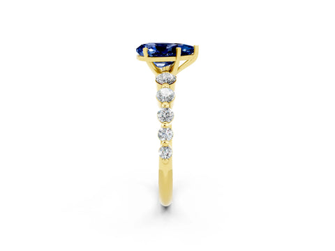 Yellow gold Pear Cut Solitaire Blue Sapphire Ring with Pave Band and Four-Prong Setting_2
