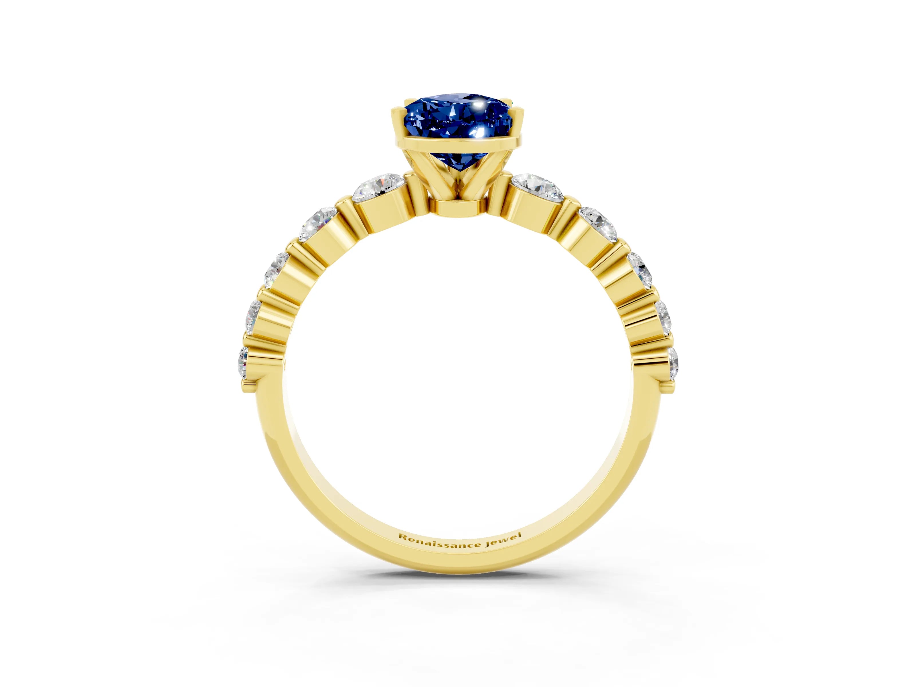 Yellow gold Pear Cut Solitaire Blue Sapphire Ring with Pave Band and Four-Prong Setting_3