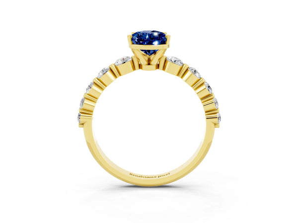 Yellow gold Pear Cut Solitaire Blue Sapphire Ring with Pave Band and Four-Prong Setting