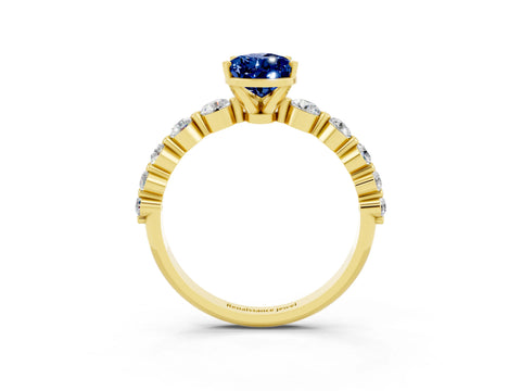 Yellow gold Pear Cut Solitaire Blue Sapphire Ring with Pave Band and Four-Prong Setting_3