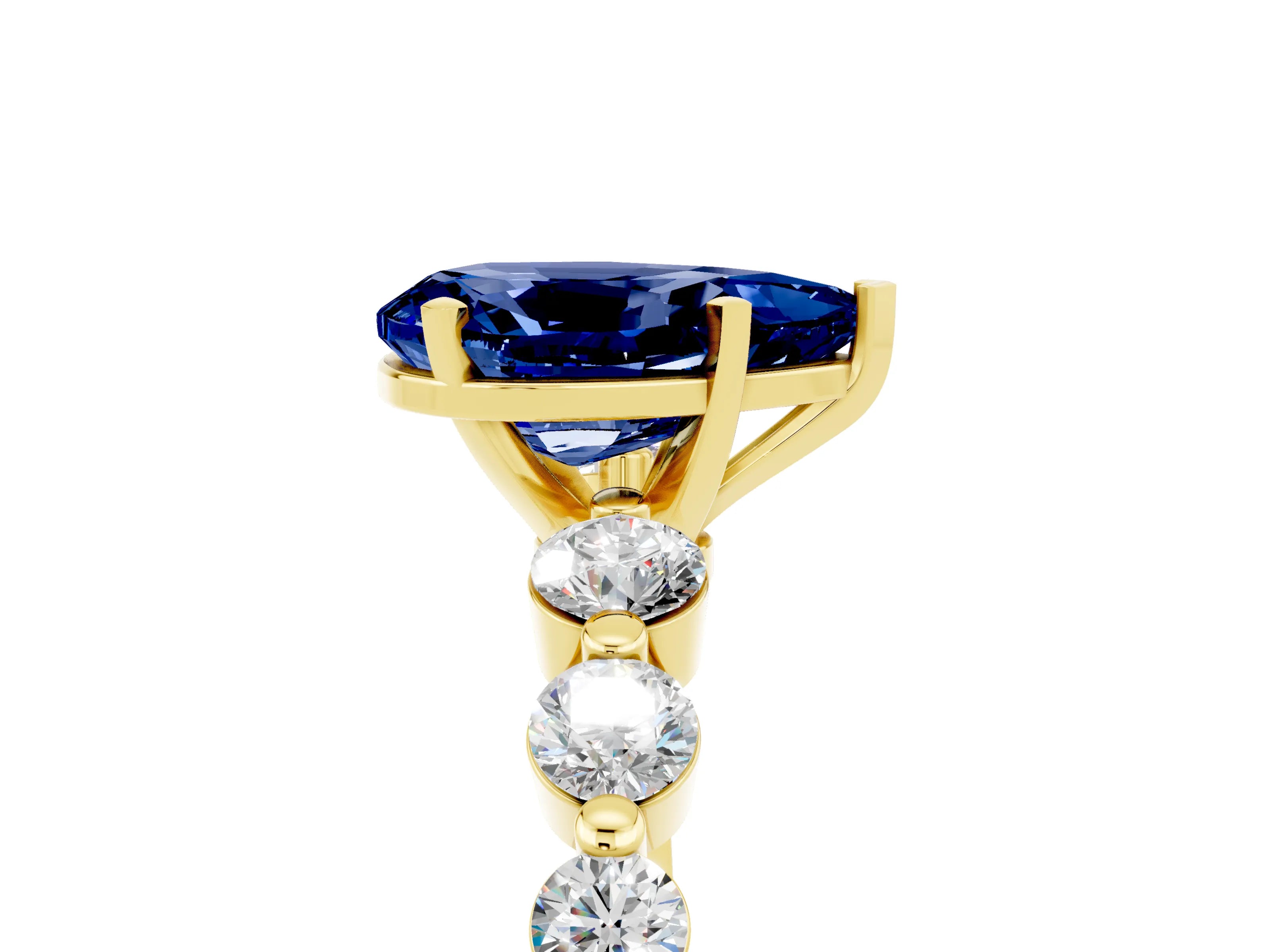 Yellow gold Pear Cut Solitaire Blue Sapphire Ring with Pave Band and Four-Prong Setting_5