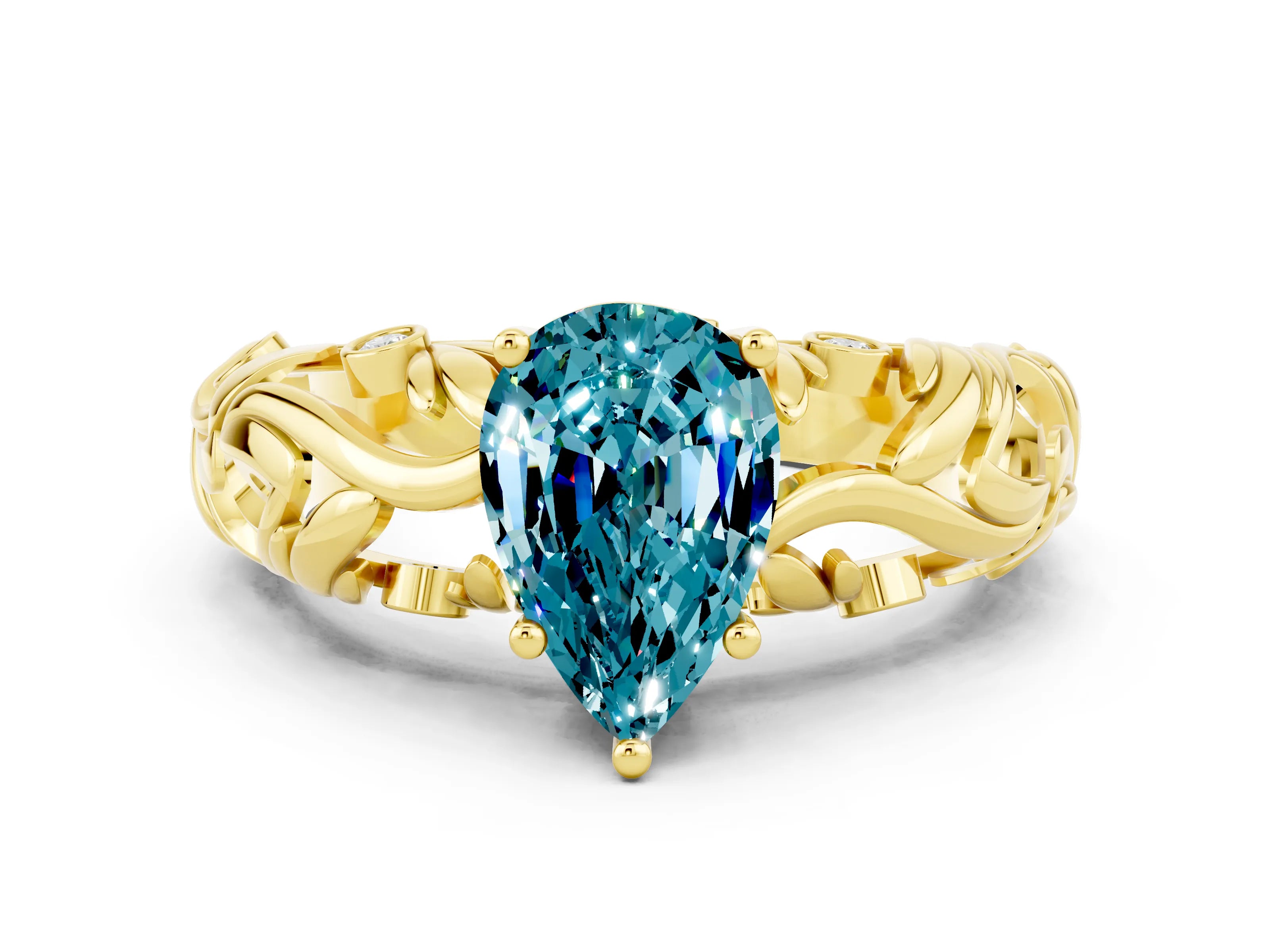 Yellow gold Pear Cut Solitaire Blue Topaz Leaf-Inspired Vine Band Ring with Prong Setting