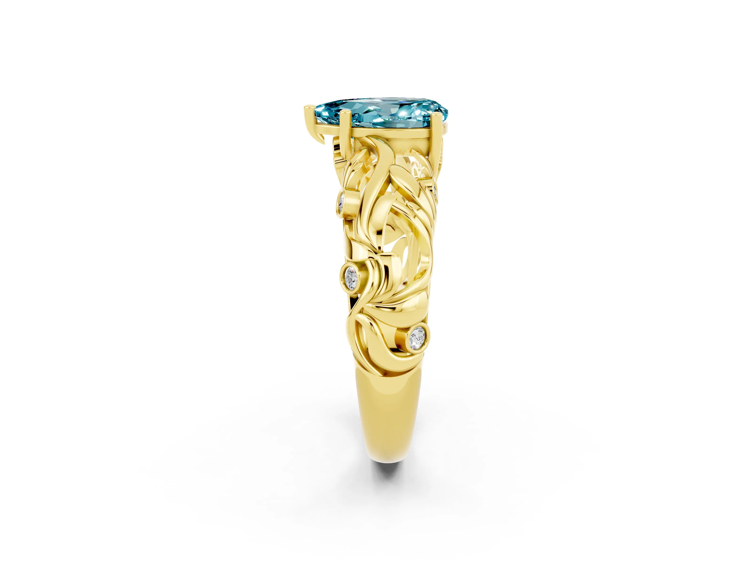 Yellow gold Pear Cut Solitaire Blue Topaz Leaf-Inspired Vine Band Ring with Prong Setting_2