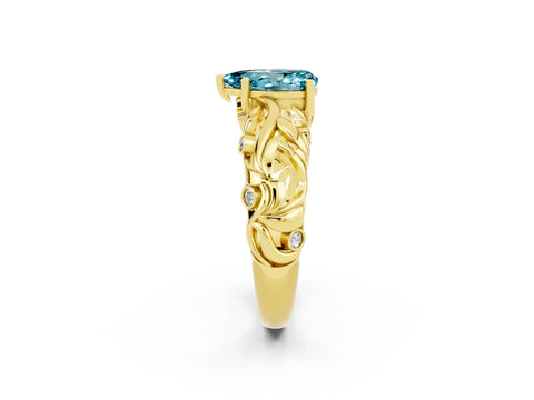 Yellow gold Pear Cut Solitaire Blue Topaz Leaf-Inspired Vine Band Ring with Prong Setting_2